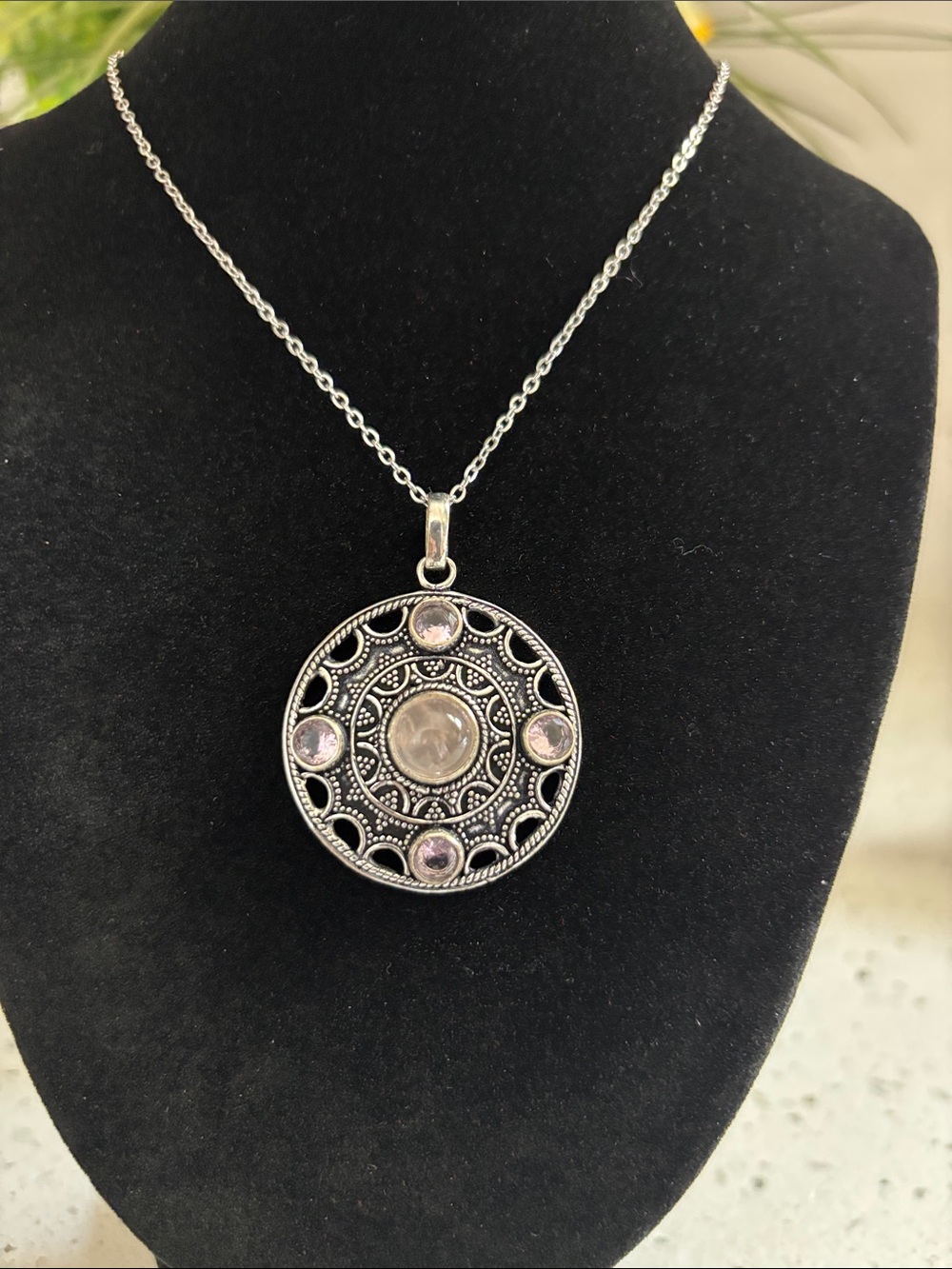 Sterling Silver Rose Quartz & Pink Topaz Round Gemstone Pendant Necklace